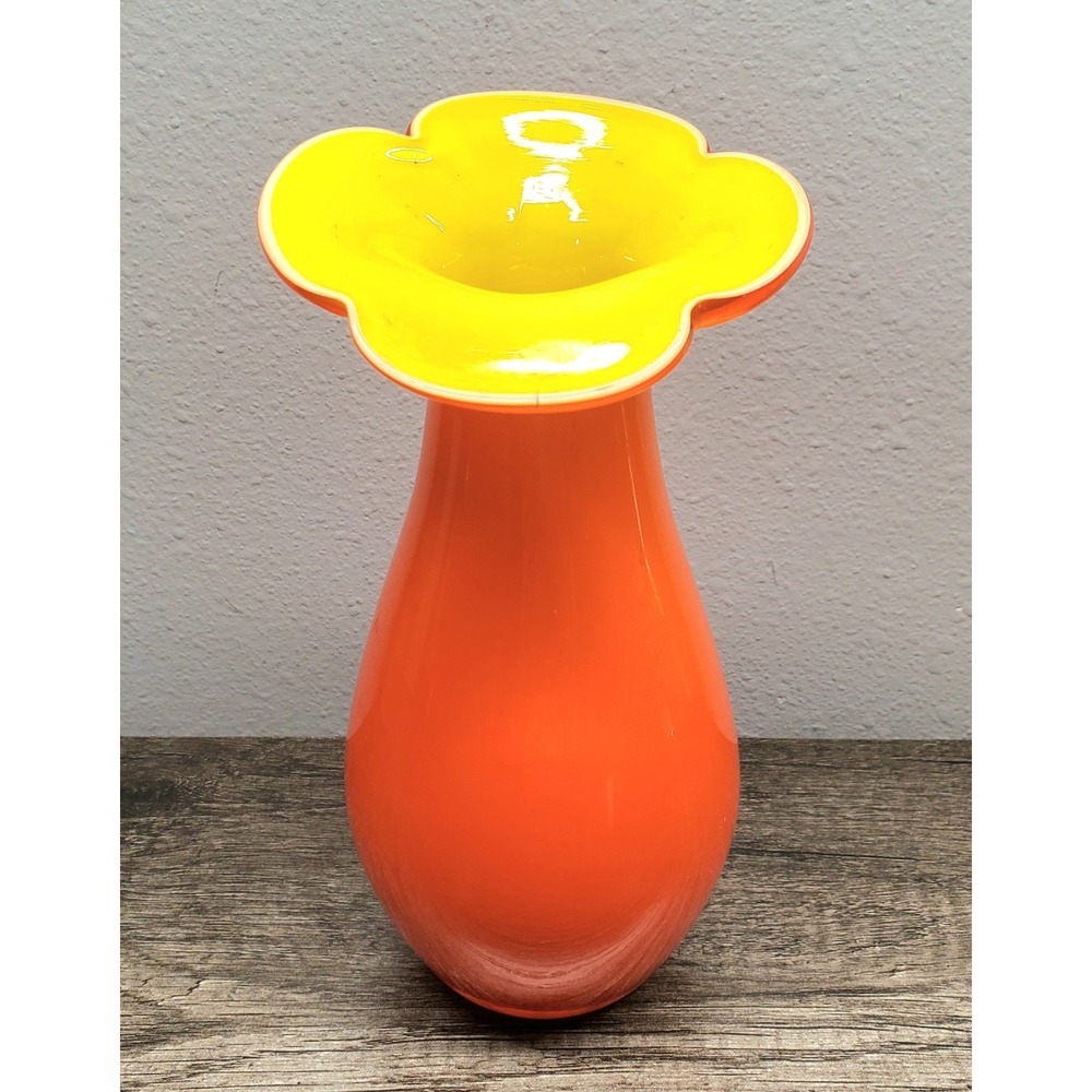 Cased Glass Bud Vase Orange & Yellow Daisy Flower Art Deco MCM 8" Tall RARE